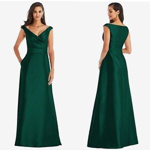 NWT ALFRED SUNG Emerald Satin Twill Off Shoulder Draped V-Neck Ball Gown 16
